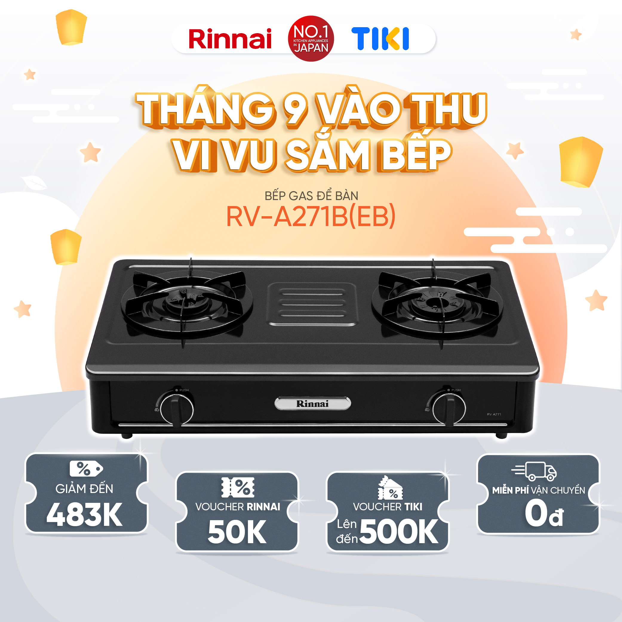 Bếp gas dương Rinnai RV-A271B(EB) mặt bếp men và kiềng bếp men - Hàng chính hãng.