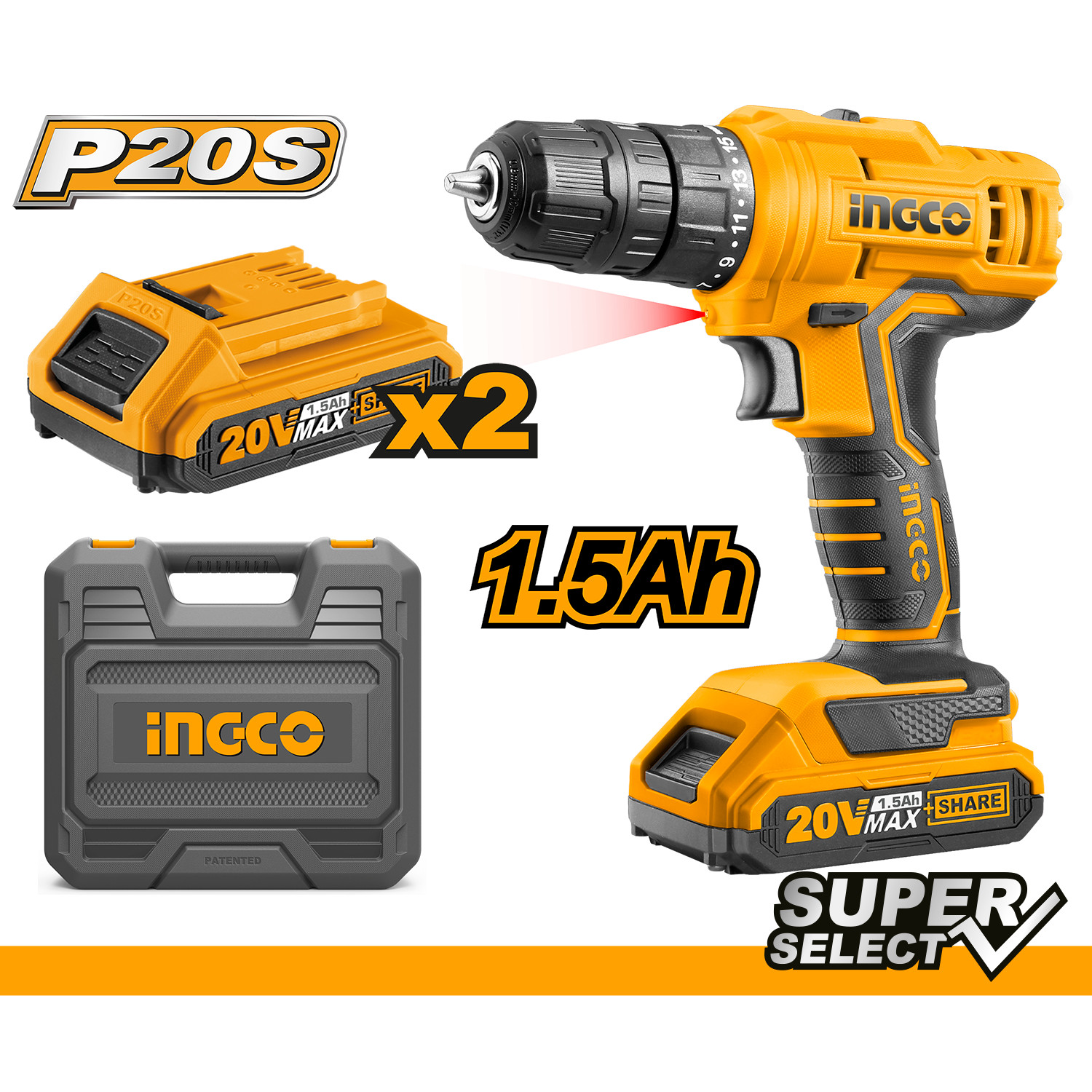 Máy khoan pin 20V INGCO CDLI20012 gồm 2 pin 20V 1.5Ah và sạc, đựng trong hộp nhựa.