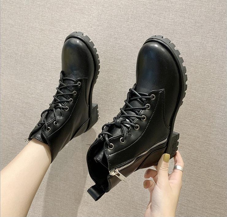 Giày boot nữ đế vuông cá tính cao 5cm khóa kéo kết hợp cột dây cá tính B145