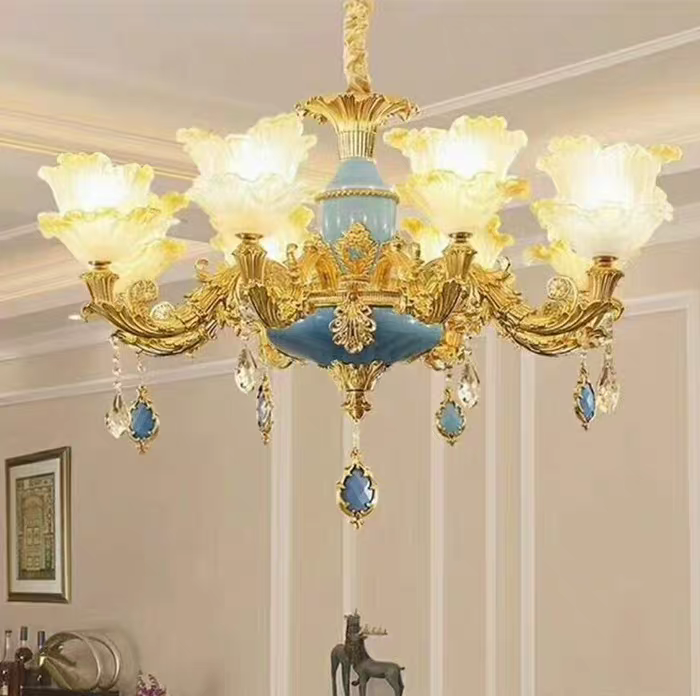Đèn Chùm Treo Trần Pha Lê Cao Cấp Chao Đá 15 Tay Trang Trí Phòng Khách Tặng Kèm Bóng Led