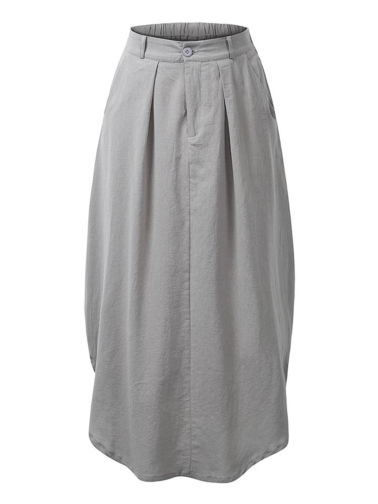 Women Long Skirt Elastic Waist Split Hem Pockets Soft Loose Solid Bottom Ankle-length A-Line Skirt