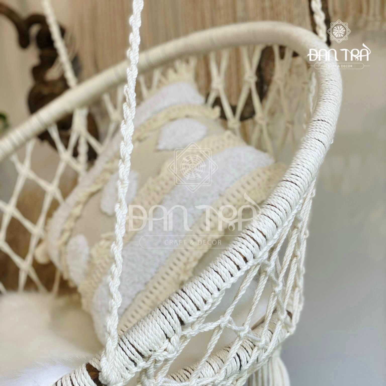 Xích Đu Macrame ĐAN TRÀ, Xích Đu Decor Phòng Vintage, Ghế Treo Decor Từ Sợi Bông Cao Cấp Tự Nhiên, Xường Bàn Ghế Mây Tre