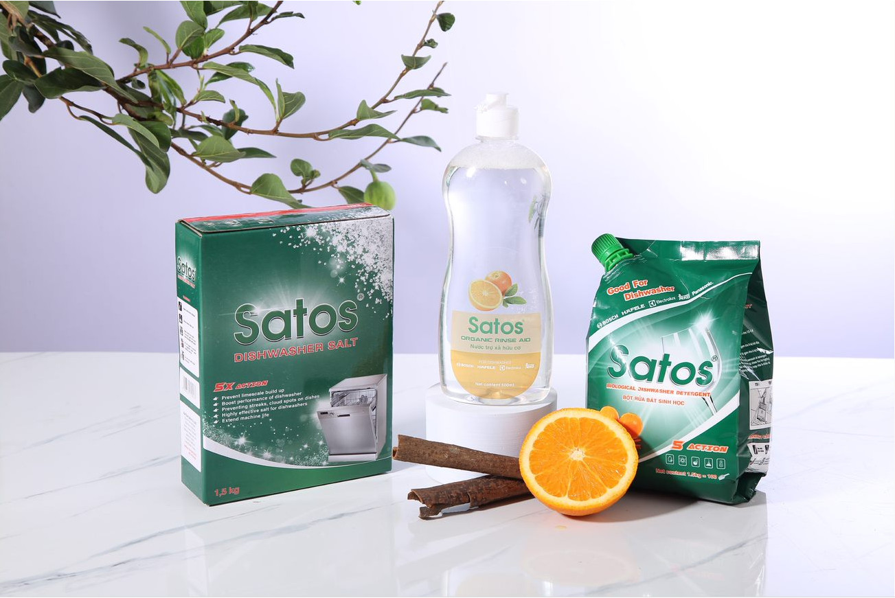 Combo bột rửa bát sinh học Satos 1.5kg + nước bóng hữu cơ Satos 500ml + muối Satos 1.5kg