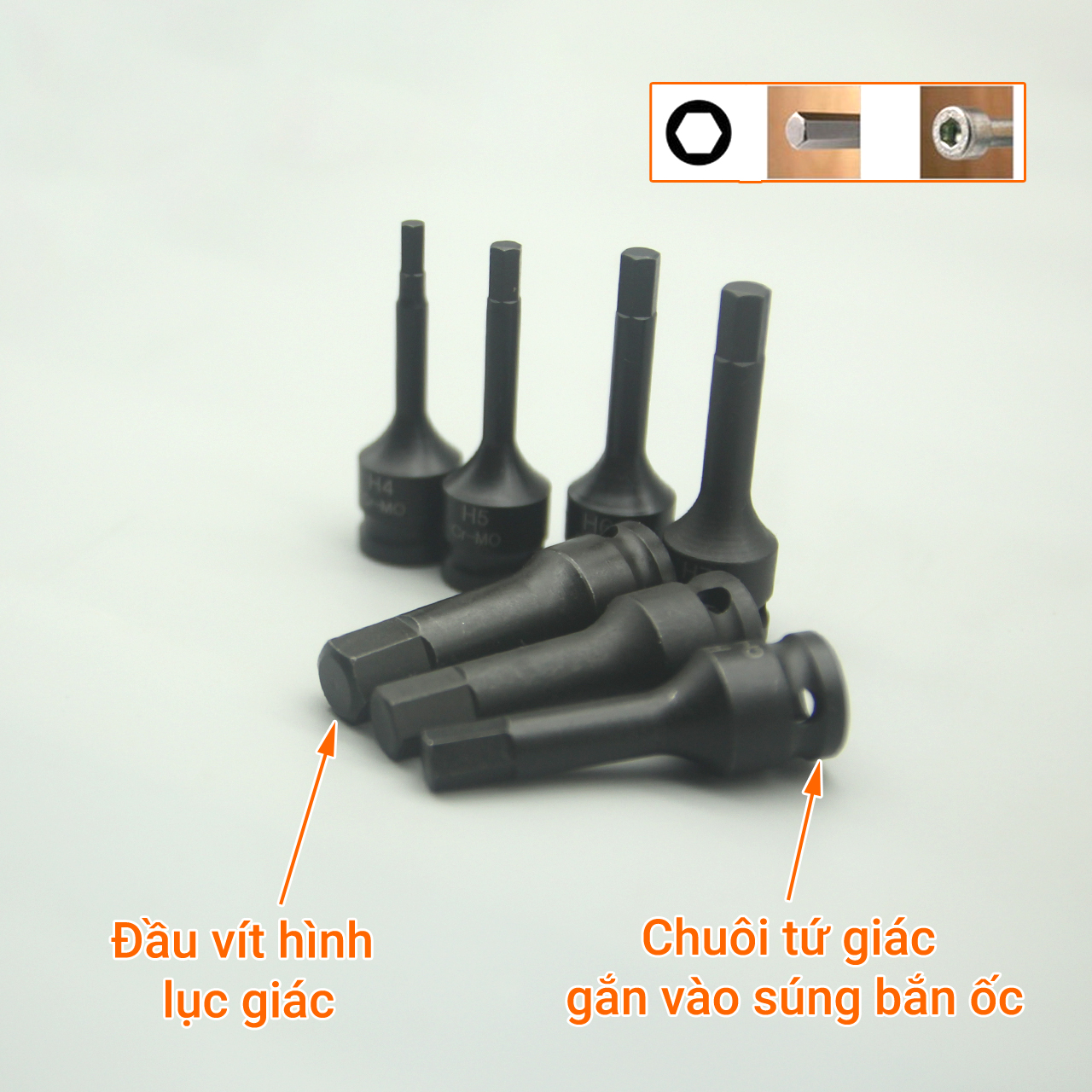 Đầu vặn vít lục giác gắn súng bắn ốc 3/8" thép Cr-MO H4 - H12