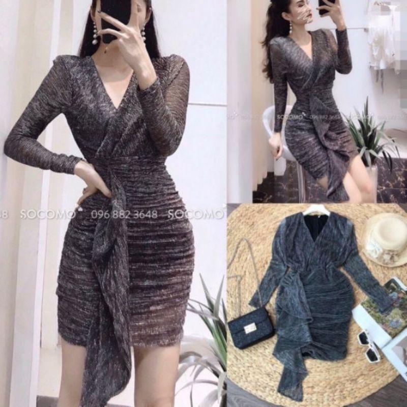 Đầm ôm nhũ kim tuyến ( Size S-M-L-XL ) tay dài cổ V đắp chéo eo phối bèo HÀNG THIẾT KẾ Cao Cấp