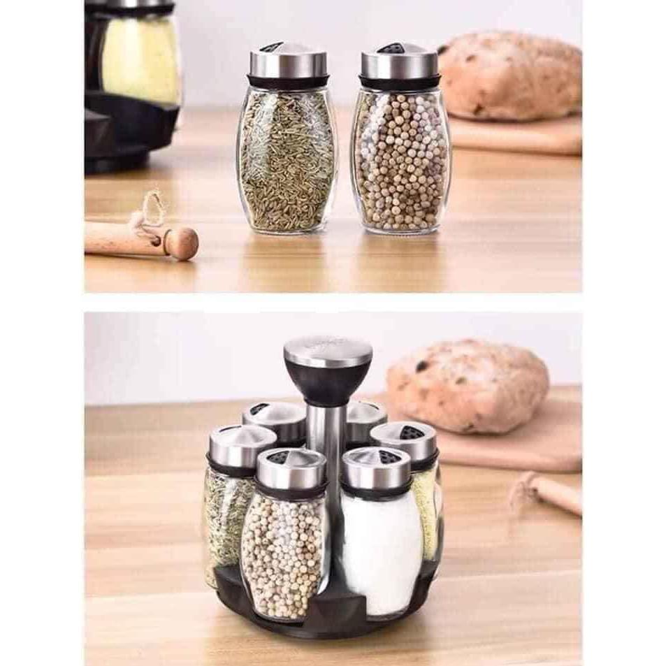 Bộ 6 hũ gia vị thuỷ tinh cao cấp kèm đế xoay sang chảnh