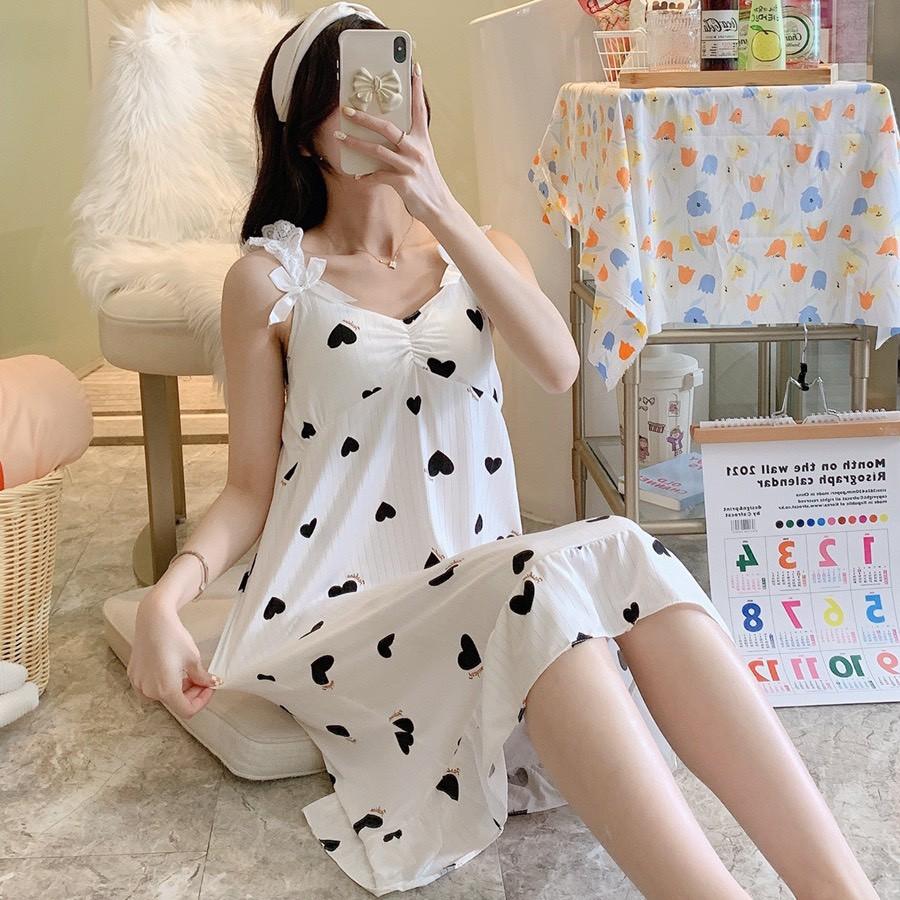 Váy Ngủ Nữ 2 dây quai ren đính nơ dáng suông họa tiết xinh xắn_ Đầm ngủ 2 dây chất thun sữa có mút ngực V292