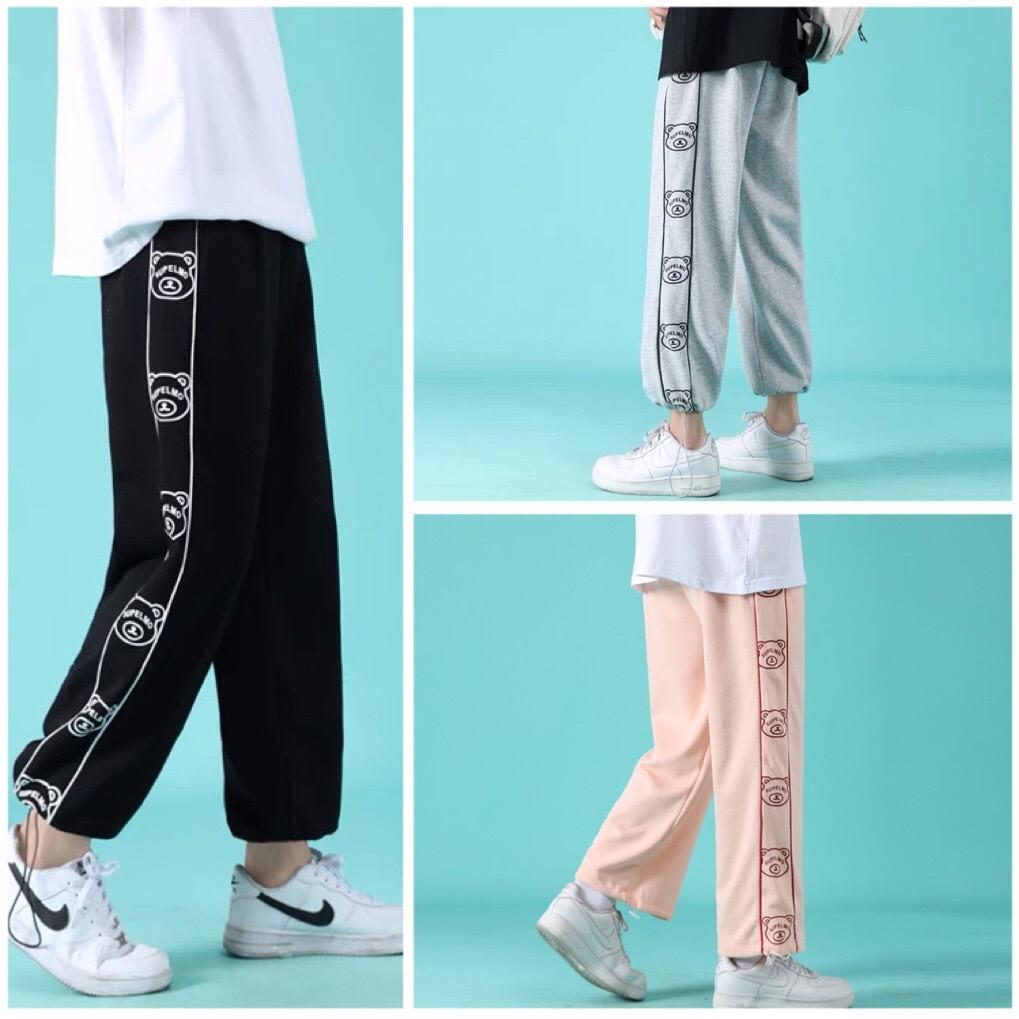 Quần JOGGER Thể Thao Unisex Nam Nữ HIPHOP Ống Rộng Bo Gấu Rút Dây In Hình GẤU Ulzzang