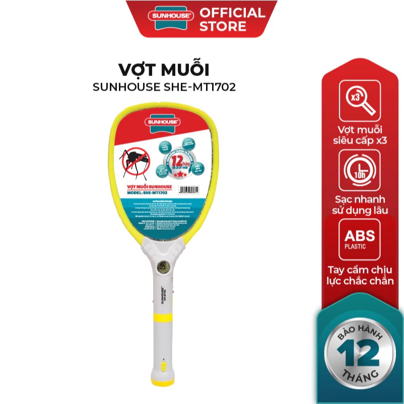 Vợt muỗi Sunhouse SHE-MT1702, màu vàng - HÀNG CHÍNH HÃNG