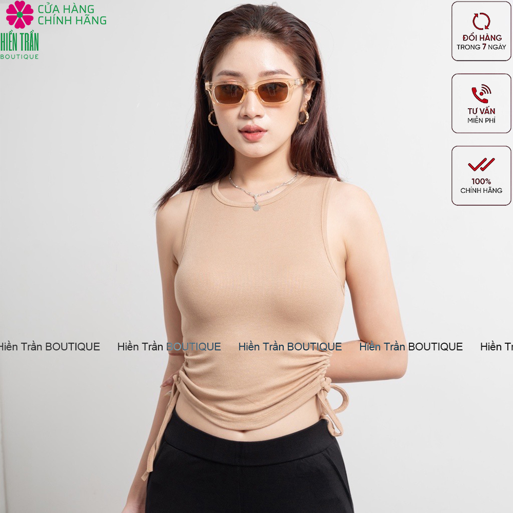 Áo ba lỗ croptop nữ Hiền Trần BOUTIQUE sát nách kiểu dây rút hai bên không tay dáng ôm body tank top vải cotton co giãn tốt