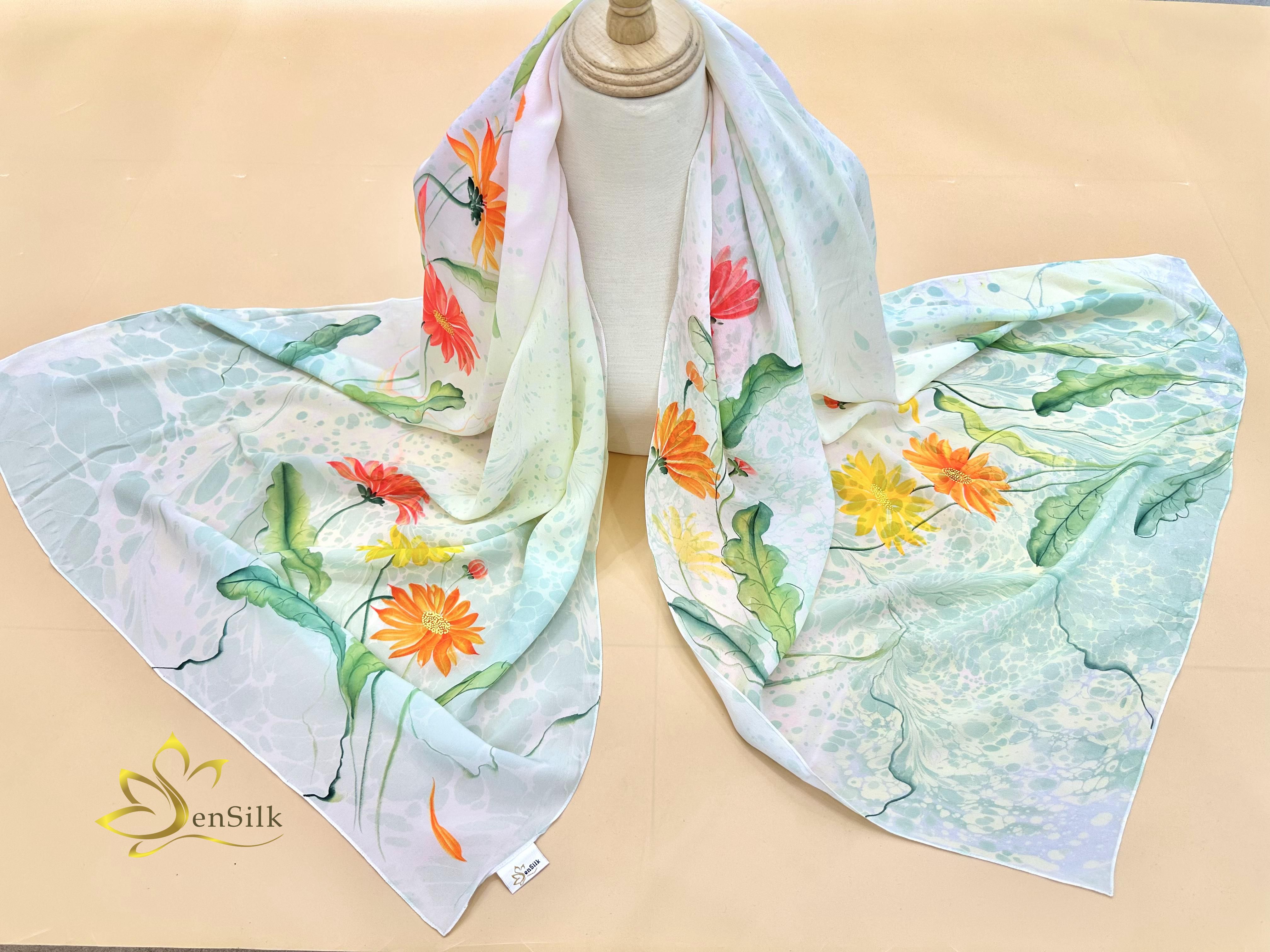 Khăn Thuỷ Ấn Vẽ Tay SenSilk Hoa Đồng Tiền - Silk Shawl Water Marbled Hand Painted - Quà Tặng Đối Tác - Vietnam Silk Gift