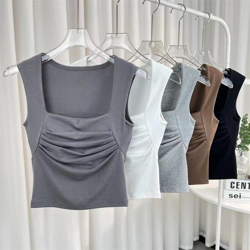 Áo thun nữ cổ vuông nhún trước ngực có đệm ngực dáng ngắn croptop mùa hè 2023