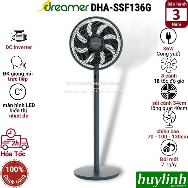 Quạt cây đứng thông minh Dreamer DHA-SSF136 [SSF136G - SSF136W] - Điều khiển giọng nói trực tiếp bàng Tiếng Anh - Hàng chính hãng