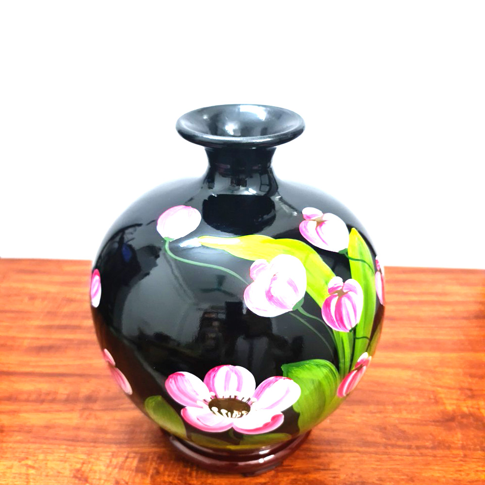 Bình Hút Lộc Gốm Sơn Mài Đen Vẽ Hoa Văn - 24 Cm - Mx