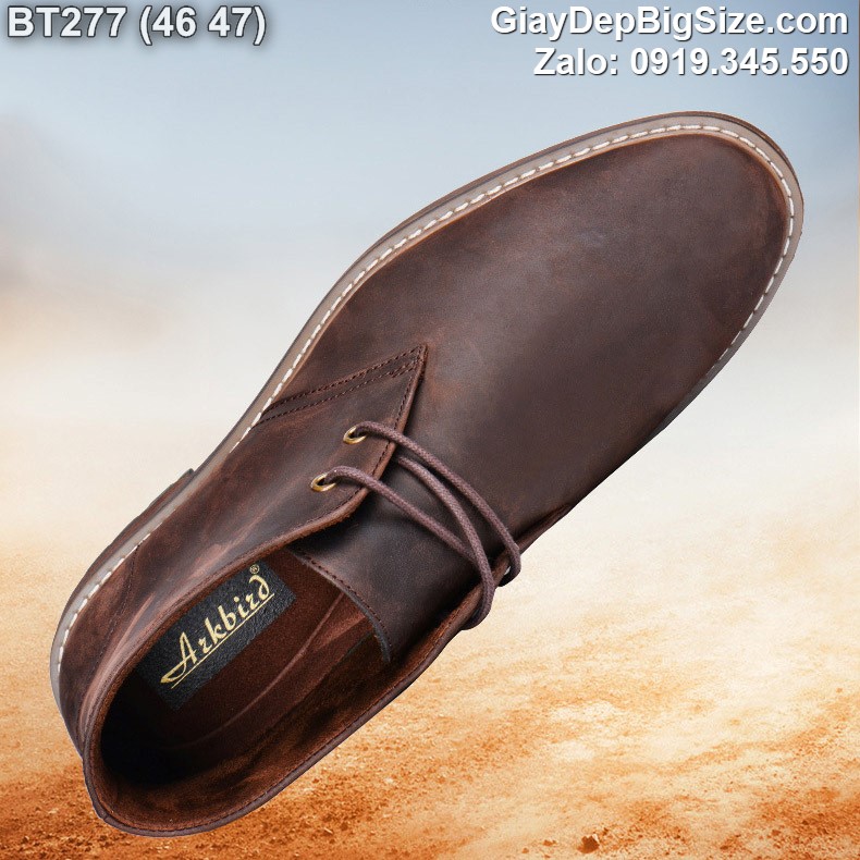 Giày tây cổ lửng, giày da bò sáp ngựa điên cỡ lớn 45 46 47 48 cho nam chân to. Big size chukka boots for wide feet