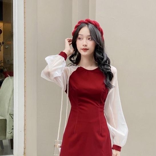 Áo Dài Du Xuân , Áo Dài Cách Tân Thân Nhung Đỏ Cao Cấp