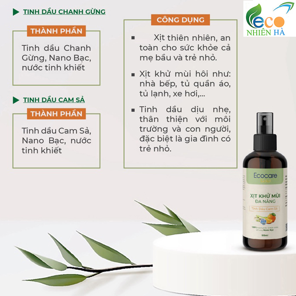 Xịt khử mùi đa năng ECOCARE 50ml tinh dầu thiên nhiên Nano bạc, khử mùi nhà bếp tủ quần áo