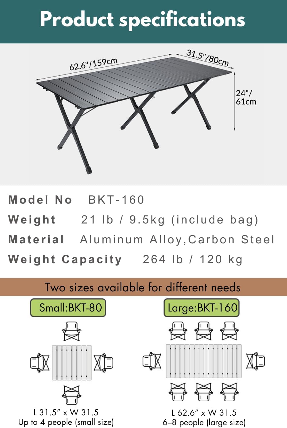 Bàn cuộn nhôm xếp gọn Campingmoon BKT-160 BKT160