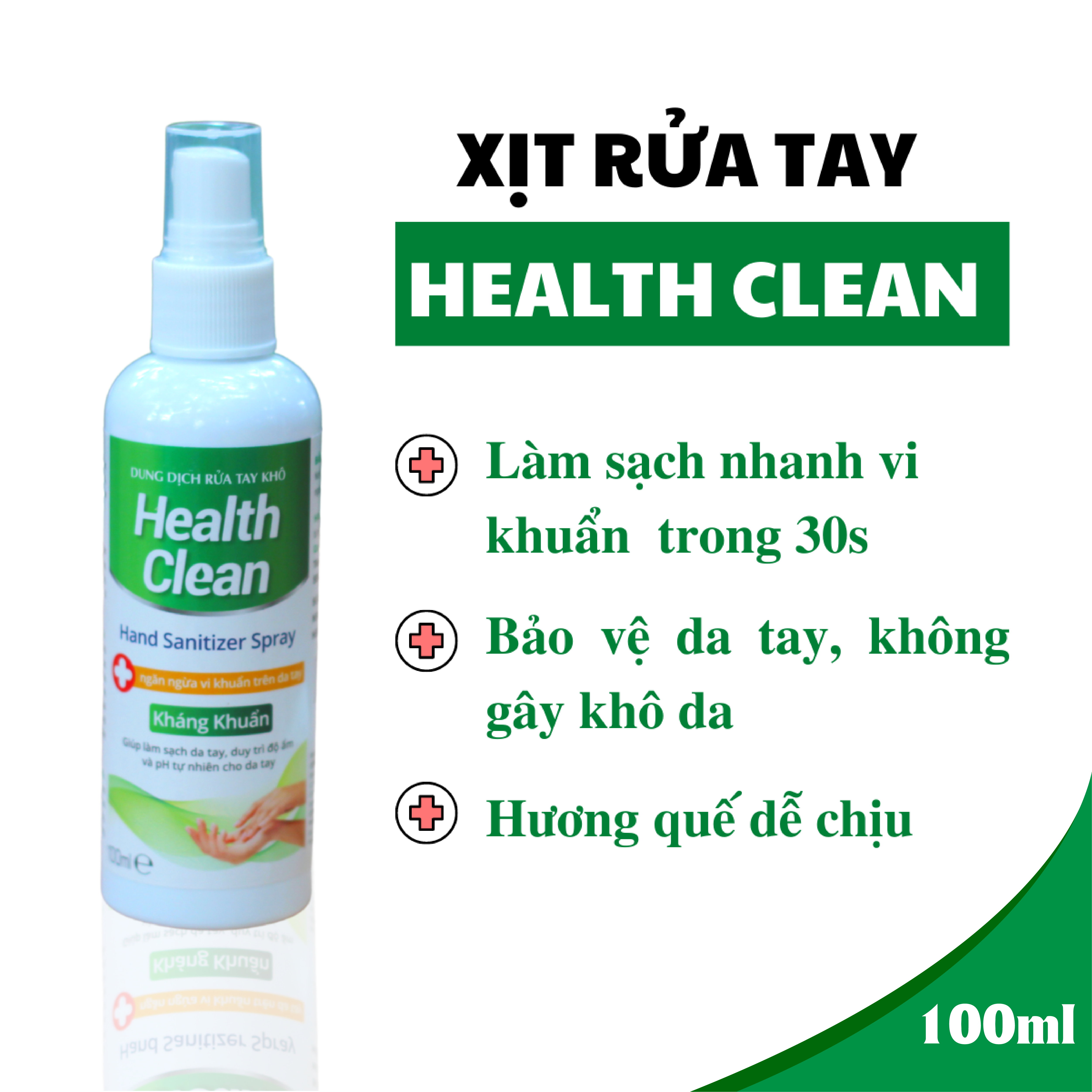 2 chai xịt rửa tay khô hương quế Health Clean 100ml diệt 99.9% vi khuẩn làm sạch, mềm da