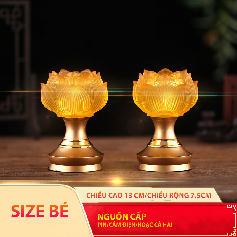 Đôi đèn thờ lưu ly, đen ban thờ liên hoa LED thân hợp kim cao cấp - Phật Bà Quan Âm