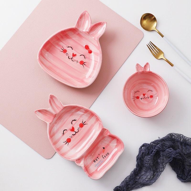 Bát , đĩa sứ ăn dặm -Set thỏ hồng