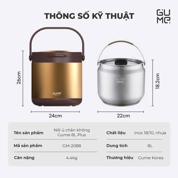 NỒI Ủ CHÂN KHÔNG GUME 8L PLUS (GM-2088) hàng chính hãng