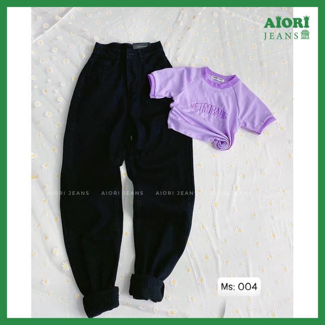 Quần Jeans Nữ, Quần Baggy Jeans Lưng Cao Baggy Bò Trơn Lai Tua Màu Đen Phong Cách Thời Trang Aiori_ Mã 004