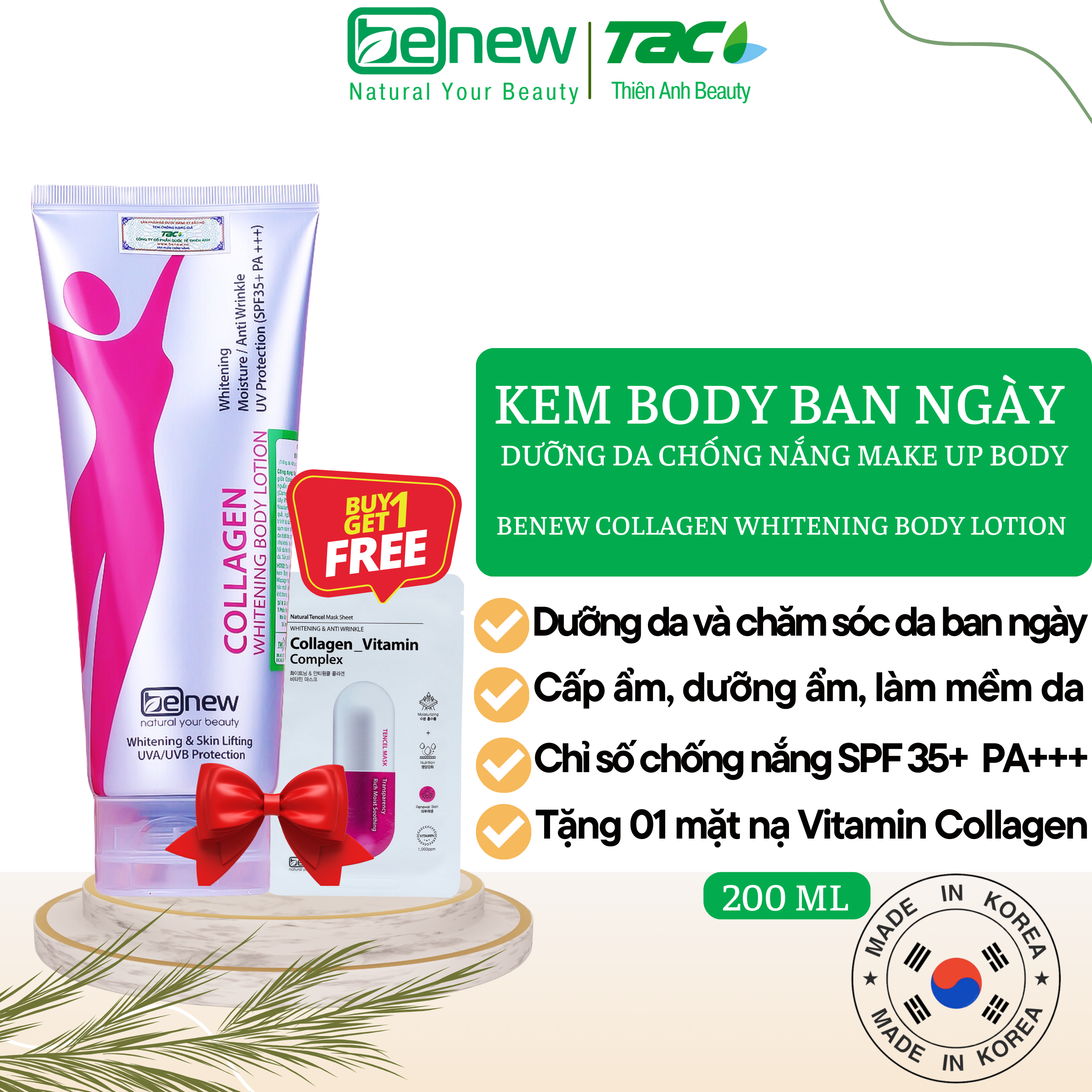 [TOP SALE] Kem Body Ban Ngày BENEW Collagen Whitening Body Lotion 200ml + Tặng kèm 01 mặt nạ sinh học Tencel Collagen Vitamin