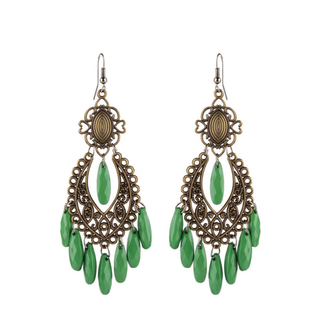 Women Behomia Hollow Flower Alloy Hook Style Earringd Ethnic Odd Beads Dangle Long Tassel Fringe Earrings