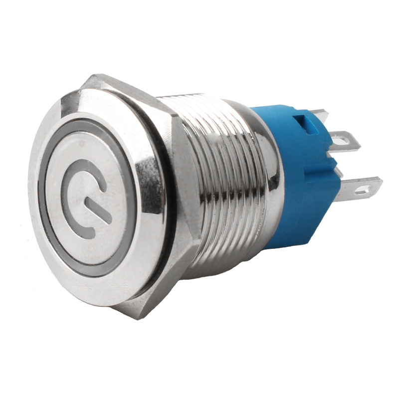 Nút nhấn Led INOX 19mm, Công tắc Tự khóa có hình Nguồn dùng nguồn Điện áp (3-6V, 12-24V, 110-220V)
