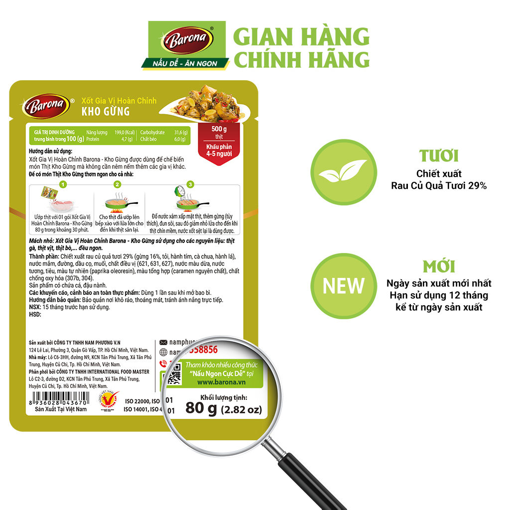 Combo Xốt gia vị hoàn chỉnh Barona: 1 gói Kho gừng (80gr) + 1 gói Xào Sả Ớt (80gr) + 1 gói Rô ti (80gr)