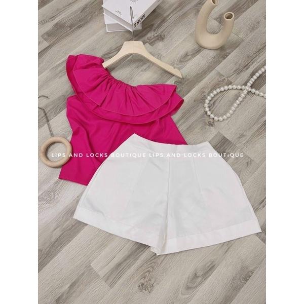 SET ÁO LỆCH VAI BÈO HỒNG + SHORT - HÌNH THẬT