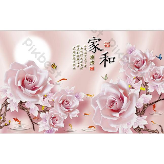 Tranh dán tường Hoa hồng và đàn cá bơi lội, Tranh dán tường 3d hiện đại MS1164471