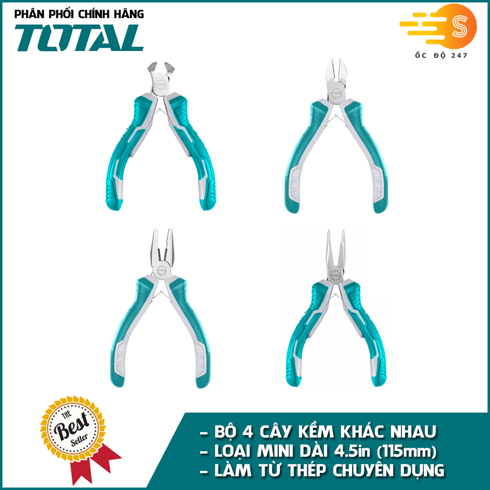 Bộ 4 kềm cắt đứt, kềm răng, kềm cắt và kềm mũi nhọn TOTAL THT1K0404 - loại mini 115mm, kìm điện, kìm cua, kìm mũi nhọn, được đánh bóng và chống gỉ sét