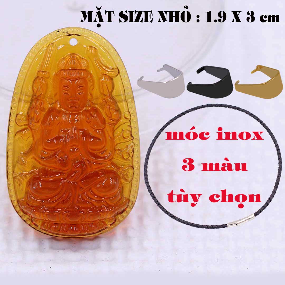 Mặt Phật Thiên thủ thiên nhãn pha lê cam 1.9cm x 3cm kèm vòng cổ dây da đen + móc inox vàng, Phật bản mệnh, mặt dây chuyền