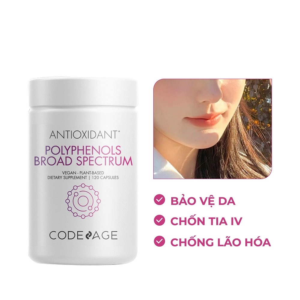 Viên uống chống nắng CodeAge Polyphenols Broad Spectrum - Chống nắng phổ rộng, bảo vệ da trước tia UVA, UVB và ánh sáng xanh 120 viên