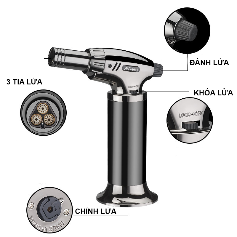 Bật Lửa Khò Mồi Bếp 3 Tia Rảnh Tay AT603 Kim Loại Fullbox – Xài Gas