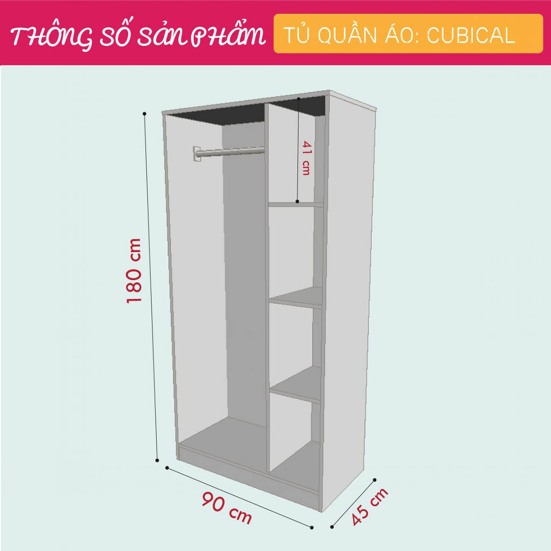 Tủ quần áo gỗ hiện đại SMLIFE Cubical  | Gỗ MDF dày 17mm chống ẩm | D90xR45xC180cm