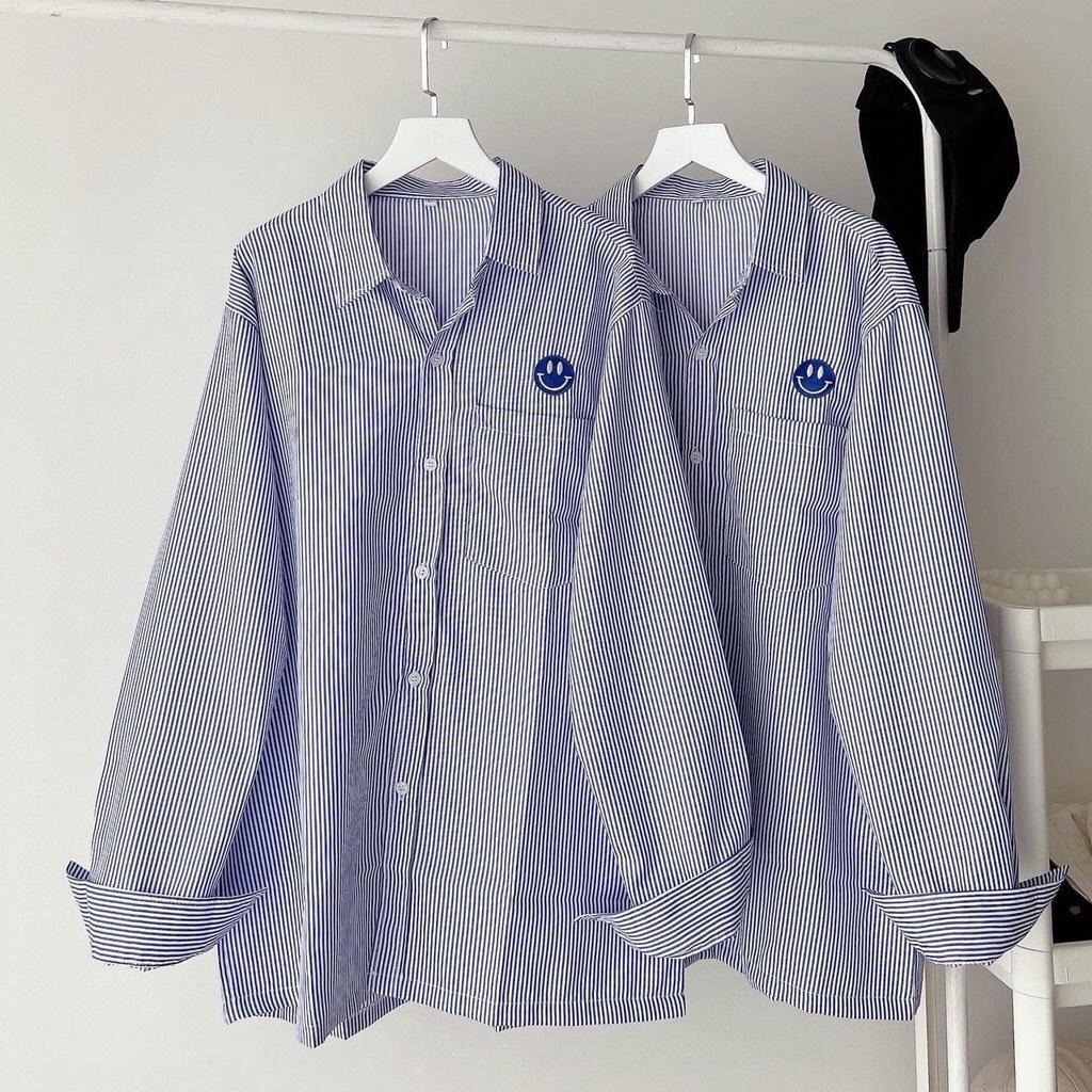 Áo Sơ Mi Tay Dài Thêu ICON MẶT CƯỜI Cổ Bẻ Phong Cách Hàn Quốc Thời Trang UNISEX Nam Và Nữ Couple Ulzzang