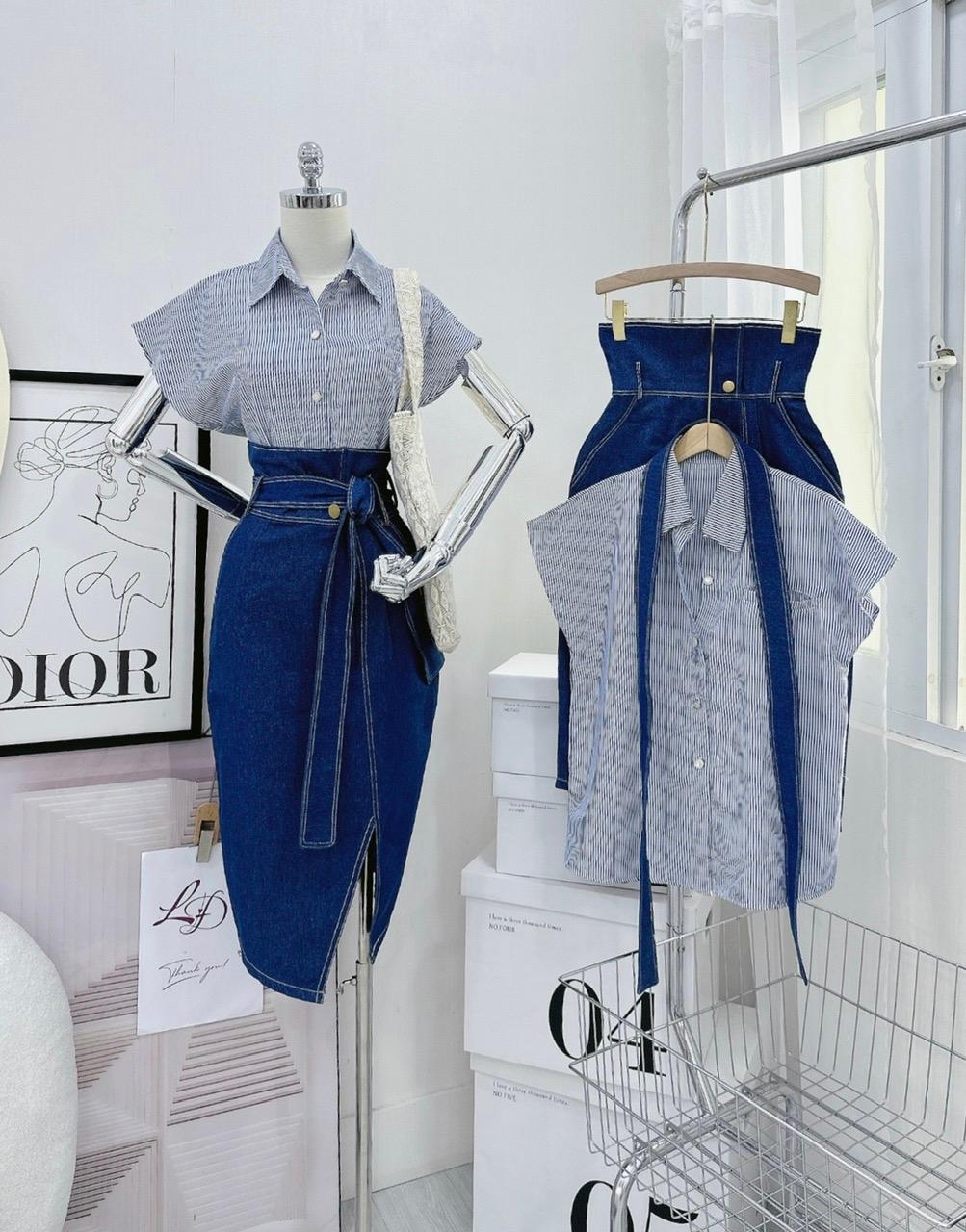 SET ĐI CHƠI, SET 2 MÓN ÁO SƠ MI KẺ PHỐI CHÂN VÁY JEAN DÀI KIỂU KÈM ĐAI CỰC SANG
