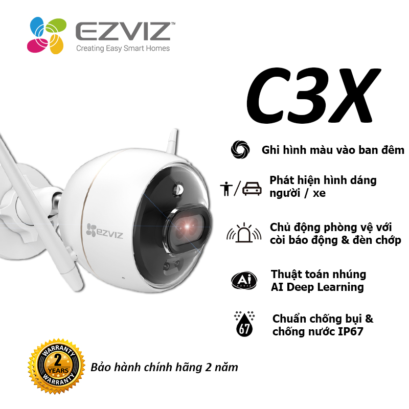 Camera EZVIZ C3X 1080P, WI-FI Không Dây, IP67 Ngoài Trời, Ghi Gình Ban Đêm Có Màu Không Cần Đèn, Tích Hợp AI Phát Hiện Hình Dáng Người/ Xe, Chuẩn Nén Video H.265--Hàng Chính Hãng