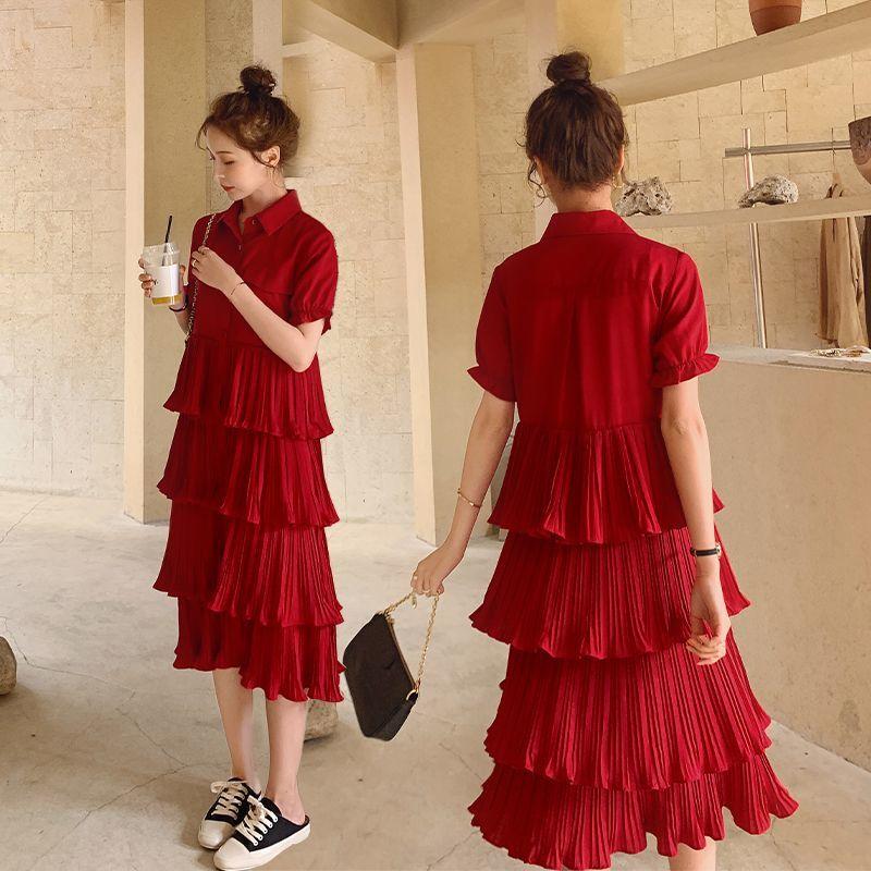 SHUANGYAN Blue Sea Yueno Fairy Mori Dress Platterone váy mối tình đầu màu đỏ 2023 mùa hè khí chất bánh váy chiffon đầm