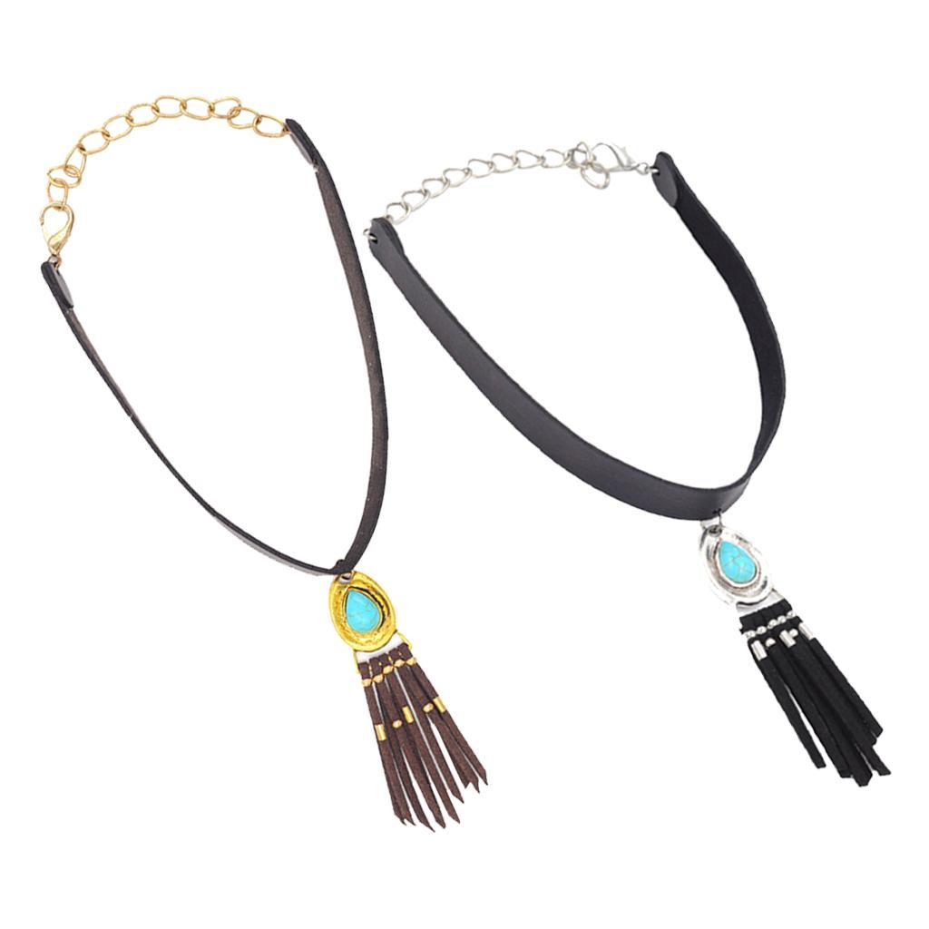 Women Bohemian PU Leather Choker Necklace Charm Pendant with Tassels