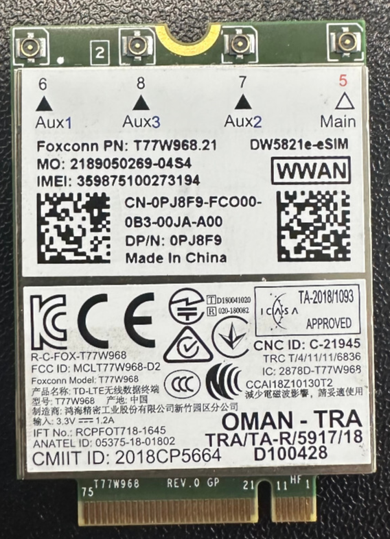 Card WWAN 4G Dell DW5821e LTE dùng cho Laptop Dell Latitude 5420/5424/7424, Precision 7540 / 7740 - Hàng chính hãng