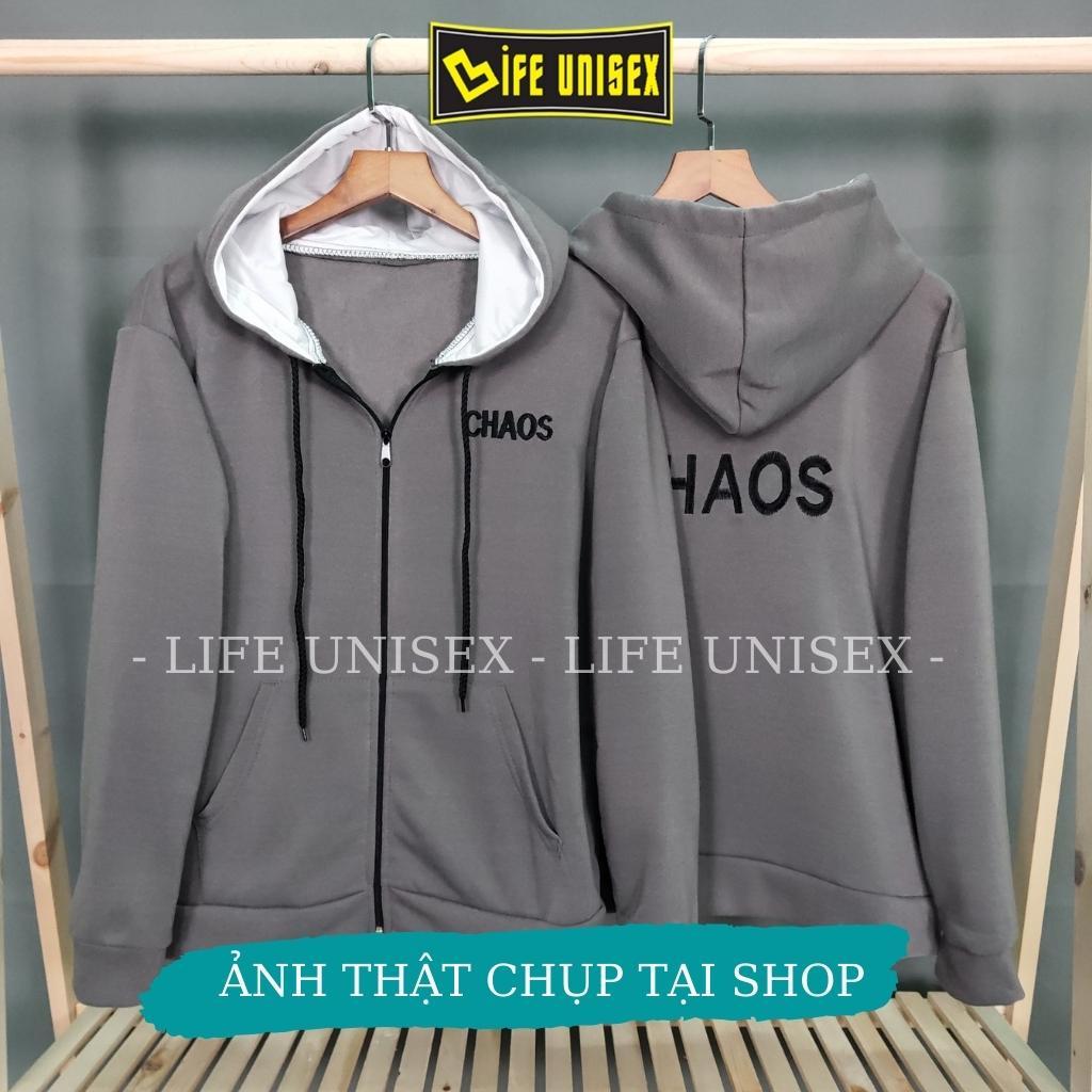Áo khoác nỉ hoodie dây kéo THÊU CHỮ CHAOS Áo khoác Chống nắng Nam Nữ Phong cách Unisex form rộng Unisex
