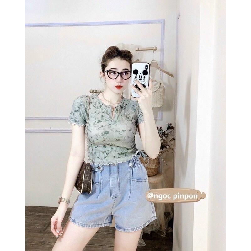 áo kiểu croptop nữ tay ngắn thun gân rút eo loang mẫu mới 2021