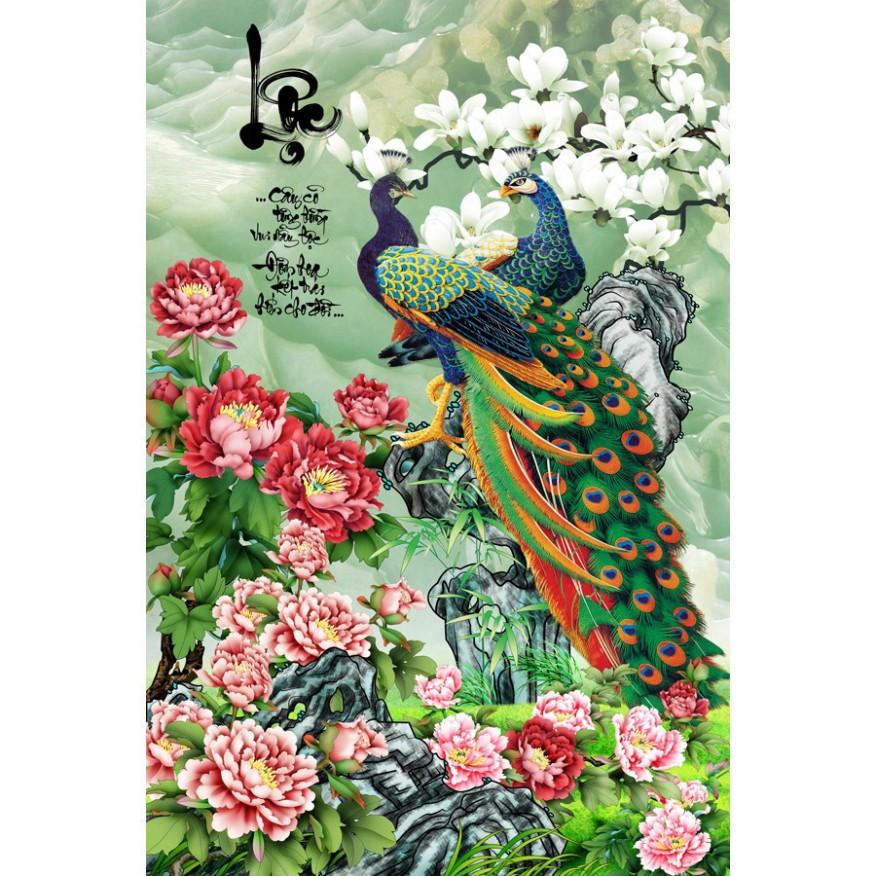 Tranh dán tường đôi chim công chữ Lộc LunaTM-0112