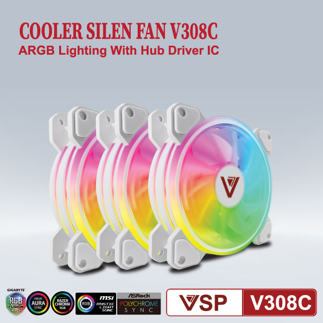 Bộ 3 Fan Case VSP V308C 12cm LED RGB (kèm Hub + Remote) - Hàng chính hãng TECH VISION phân phối