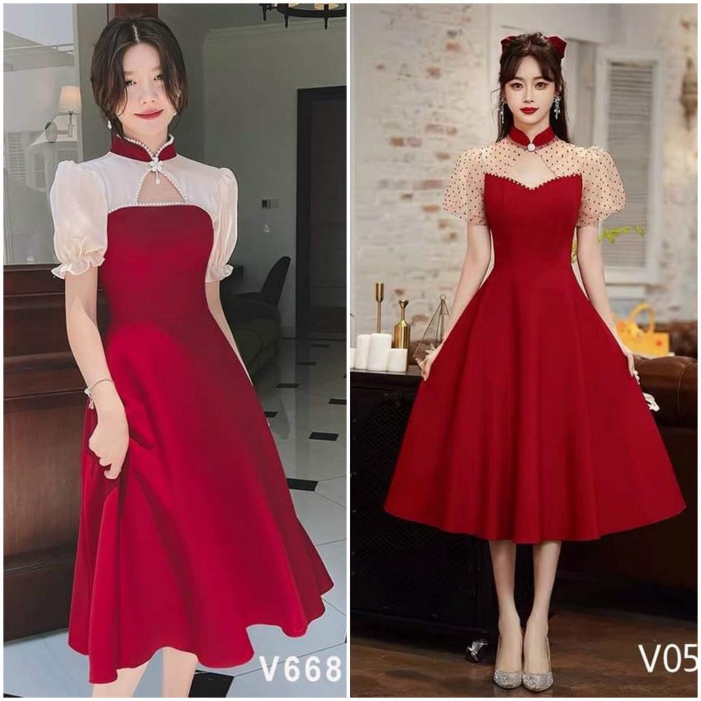 Đầm xoè đỏ tiểu thư cổ khoét ngực kèm phụ kiện
