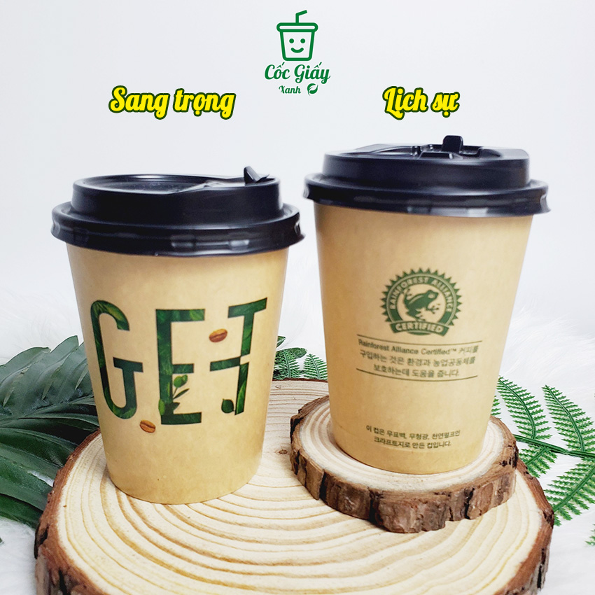 Set 50 CỐC GIẤY XANH CÓ NẮP 240ml In Chữ GET Màu Nâu Cafe Siêu Đẹp, Lịch Sự